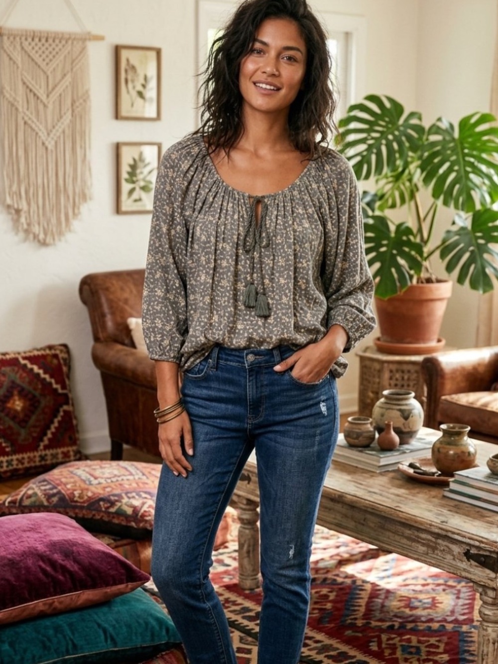Ralph Lauren Denim & Supply Olive Green Floral Smocked Scoop-Neck, small, $30